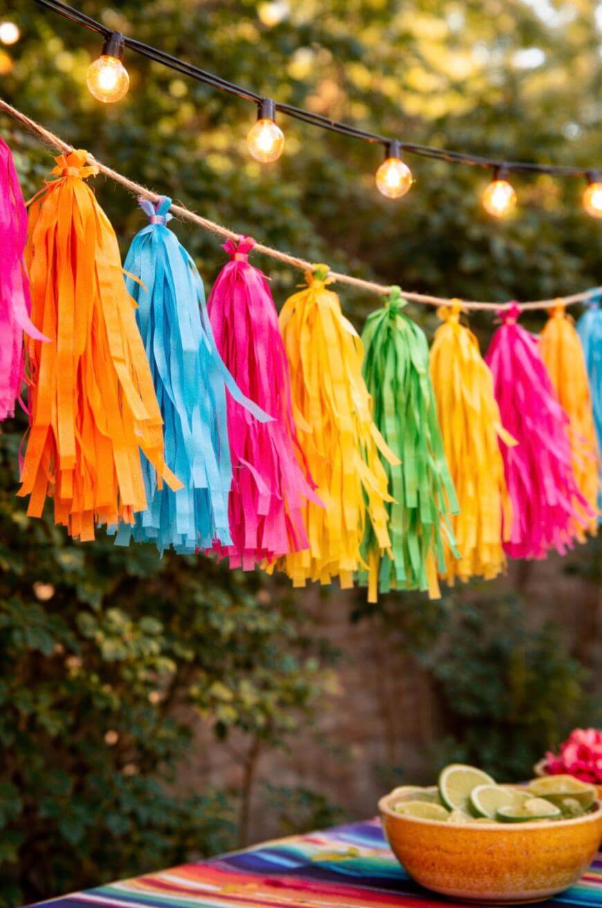 Colorful paper tassel garland in pink, blue, yellow, orange, and green hangs above a table with lime wedges, set outdoors with string lights and greenery in the background.