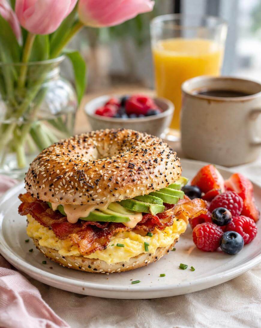 A breakfast plate with an everything bagel sandwich filled with scrambled eggs, bacon, avocado, and sauce, served with fresh berries. In the background are a mug of coffee, a glass of orange juice, and a vase of pink tulips.