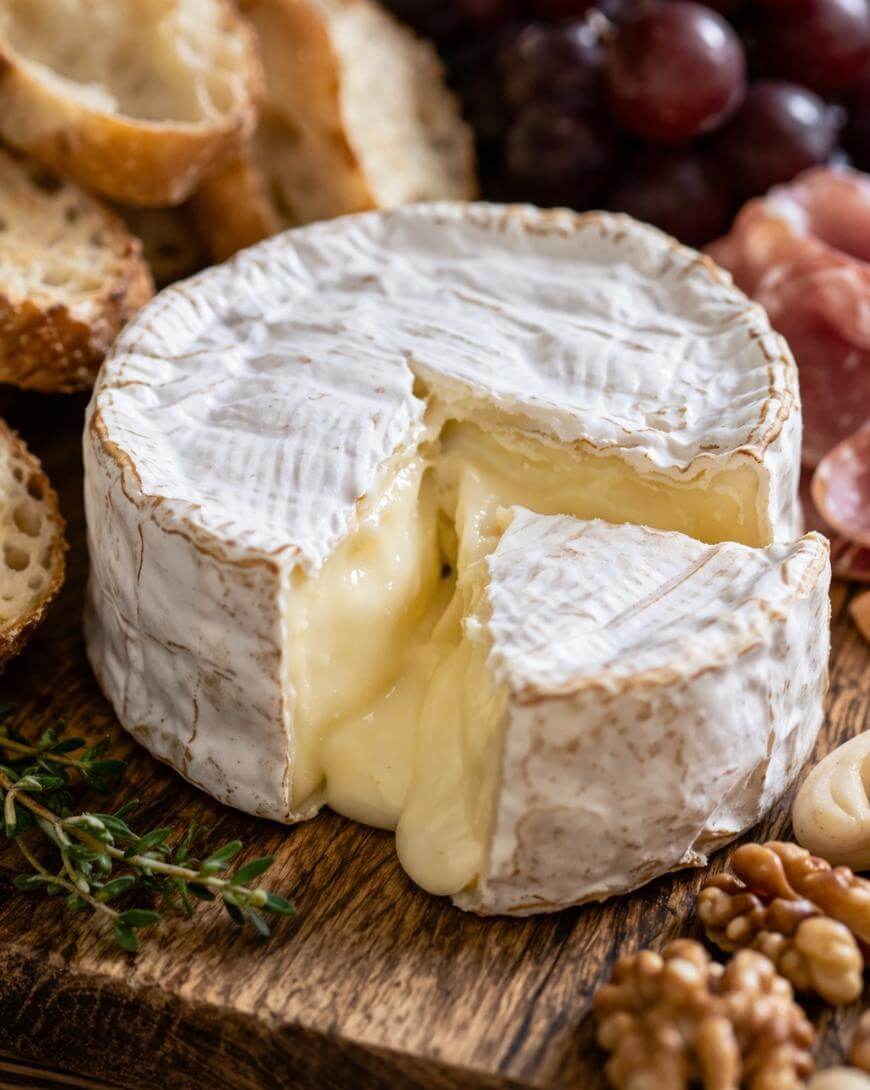 A round of creamy brie cheese with a wedge cut out, showing its soft, melted interior. The cheese is on a wooden board surrounded by bread slices, grapes, walnuts, herbs, and cured meats.