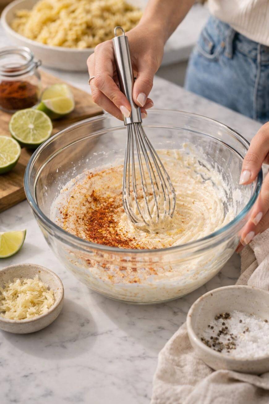 A person whisking a creamy mixture with spices in a clear glass bowl on a marble countertop, surrounded by bowls of ingredients, lime wedges, and grated cheese.