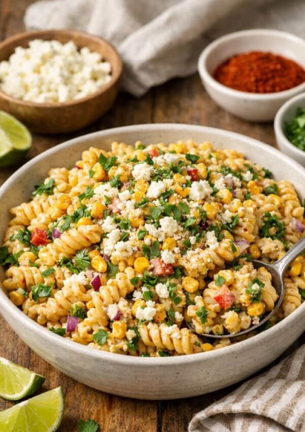 A bowl of creamy pasta salad with corn, chopped red onion, cilantro, crumbled cheese, and spices, garnished with fresh herbs. Lime wedges, a bowl of cheese, chili powder, and cilantro are nearby on a rustic wooden table.