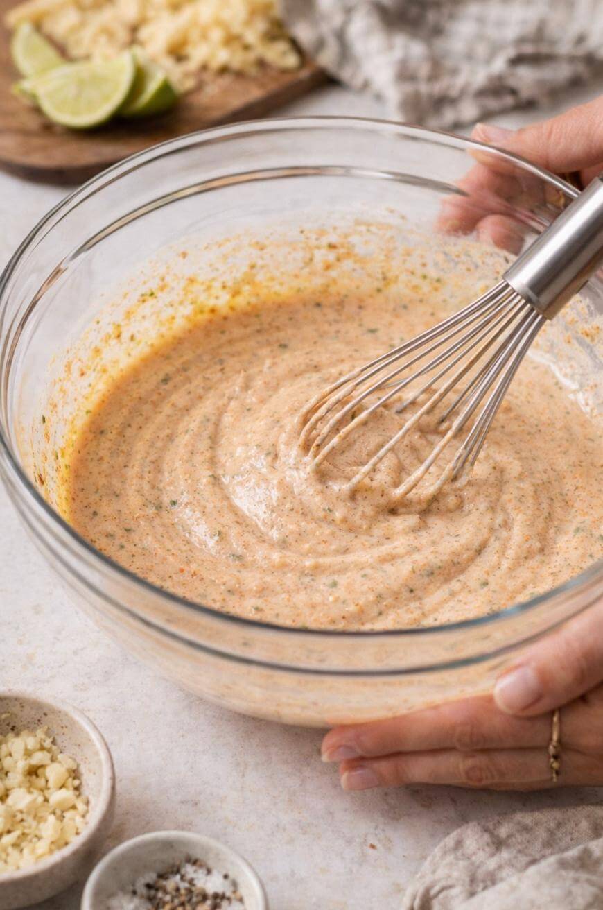 A person uses a metal whisk to mix a creamy, seasoned sauce in a clear glass bowl. Ingredients like chopped garlic, lime, and pepper are visible on the table nearby.