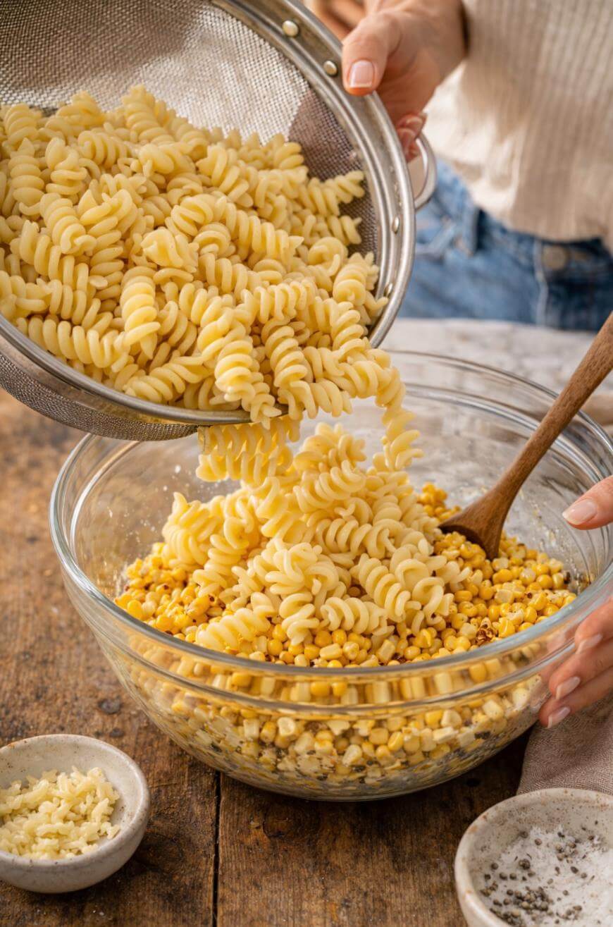 A person pours cooked rotini pasta from a colander into a clear glass bowl filled with cooked corn and grains, while stirring with a wooden spoon. Small bowls of grated cheese are nearby on a wooden table.