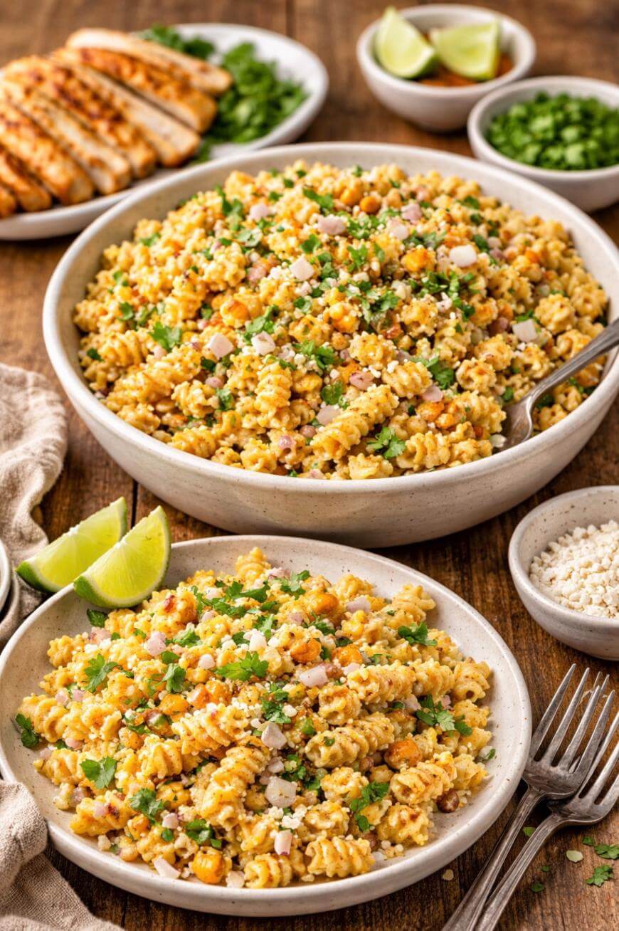 A bowl and plate of creamy pasta salad with corn, herbs, and cheese are on a wooden table, surrounded by sliced grilled chicken, lime wedges, and small bowls of extra toppings.
