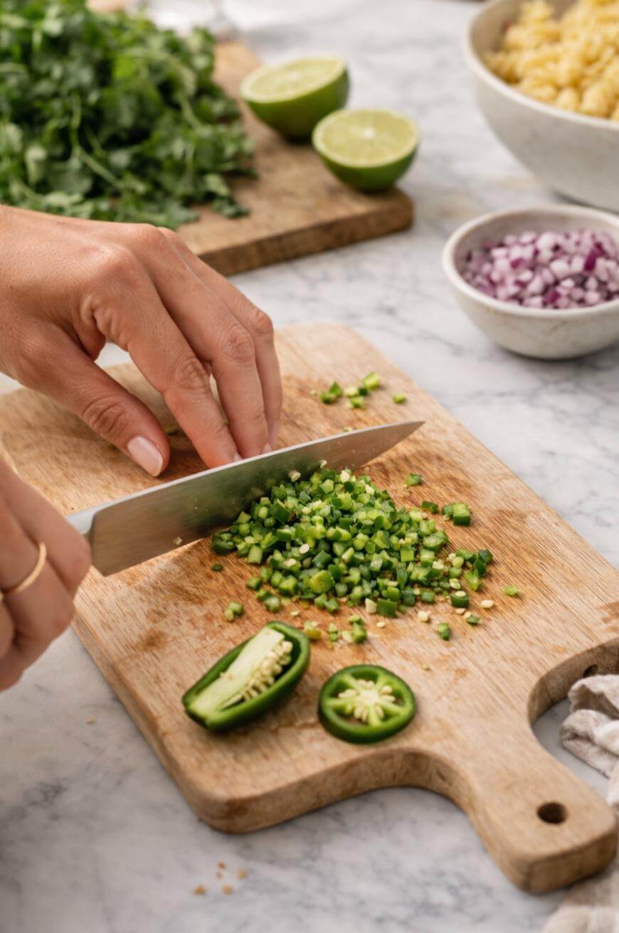 A person finely chops a green jalapeño pepper on a wooden cutting board. Sliced jalapeño, chopped cilantro, halved limes, and a bowl of diced red onion are visible in the background.