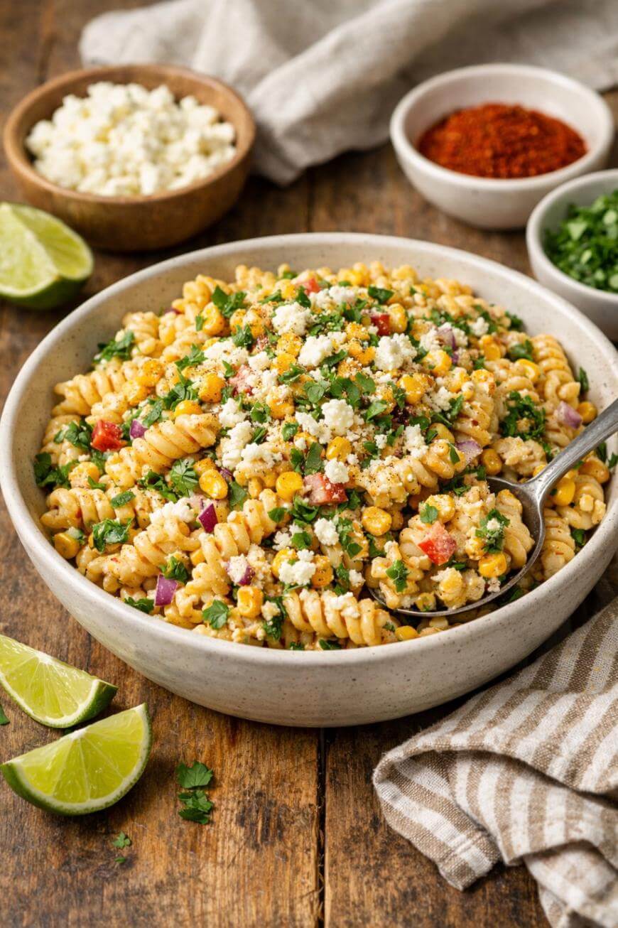 A bowl of pasta salad with rotini, corn, red onions, chopped herbs, and crumbled cheese, garnished with lime wedges. Small bowls of cheese, spices, and herbs are in the background on a wooden table.