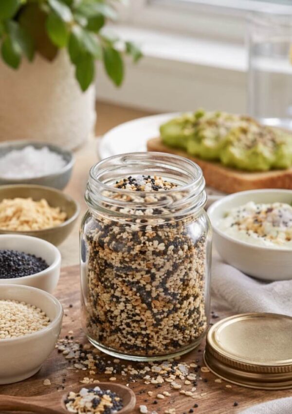 A glass jar filled with everything bagel seasoning sits on a wooden board surrounded by small bowls of seeds, salt, and toppings. In the background, there is avocado toast and a bowl of yogurt.