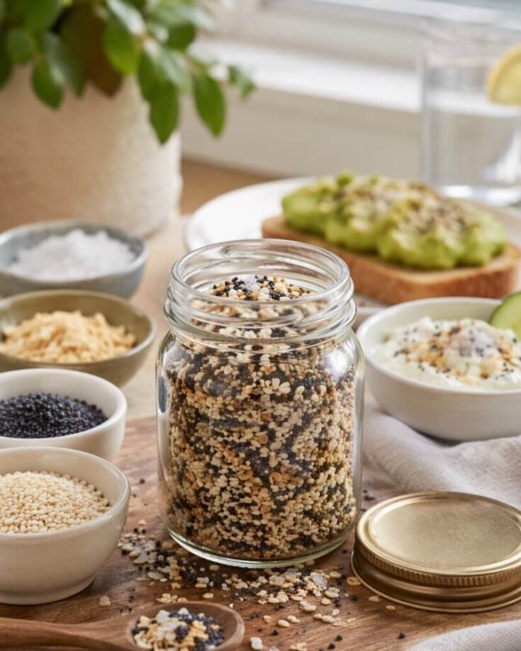 A glass jar filled with everything bagel seasoning sits on a wooden board surrounded by small bowls of seeds, salt, and toppings. In the background, there is avocado toast and a bowl of yogurt.