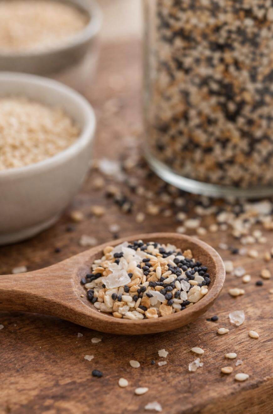 A wooden spoon filled with a seasoning mix containing white and black sesame seeds, dried minced garlic and onion, and coarse salt, resting on a wooden surface with a jar and bowls of similar ingredients in the background.