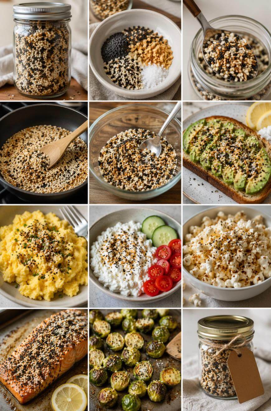 A collage shows everything bagel seasoning in jars, being mixed, and sprinkled on avocado toast, scrambled eggs, cottage cheese with tomatoes and cucumber, popcorn, salmon, Brussels sprouts, and a jar with a tag.
