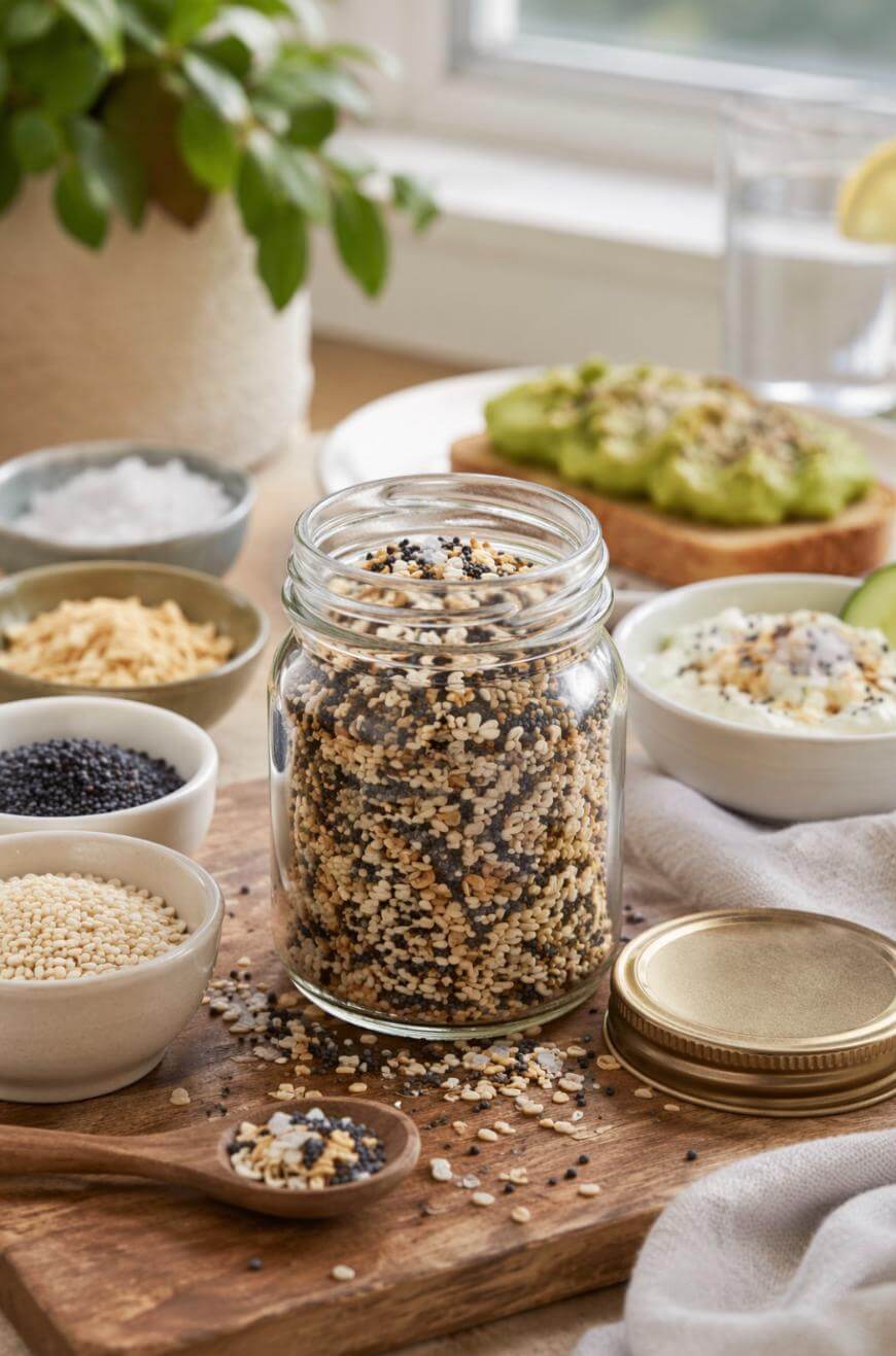 A glass jar filled with everything bagel seasoning sits on a wooden board, surrounded by small bowls of seasonings. In the background, avocado toast and a glass of water are visible.