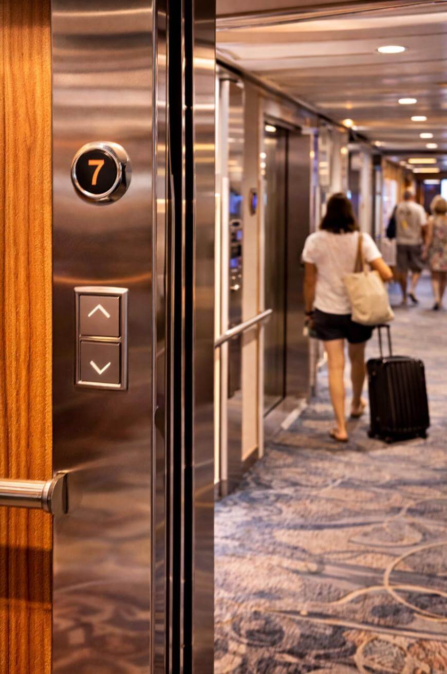 A woman with a tote bag and rolling suitcase walks down a carpeted hallway near an open elevator on the 7th floor, with metallic elevator doors and illuminated elevator buttons visible.