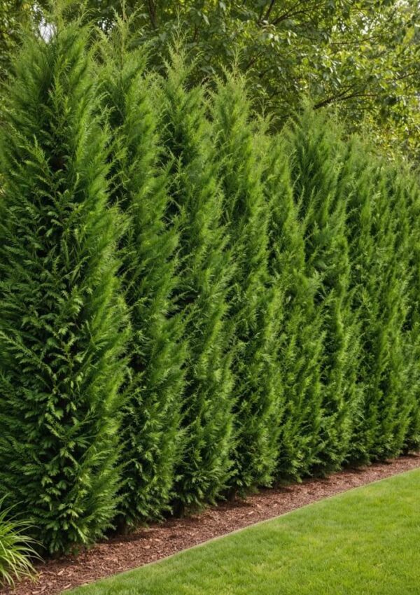Tall, dense evergreen trees are planted in a row, forming a natural privacy screen along a wooden fence in a well-maintained garden with green grass and mulch at the base.