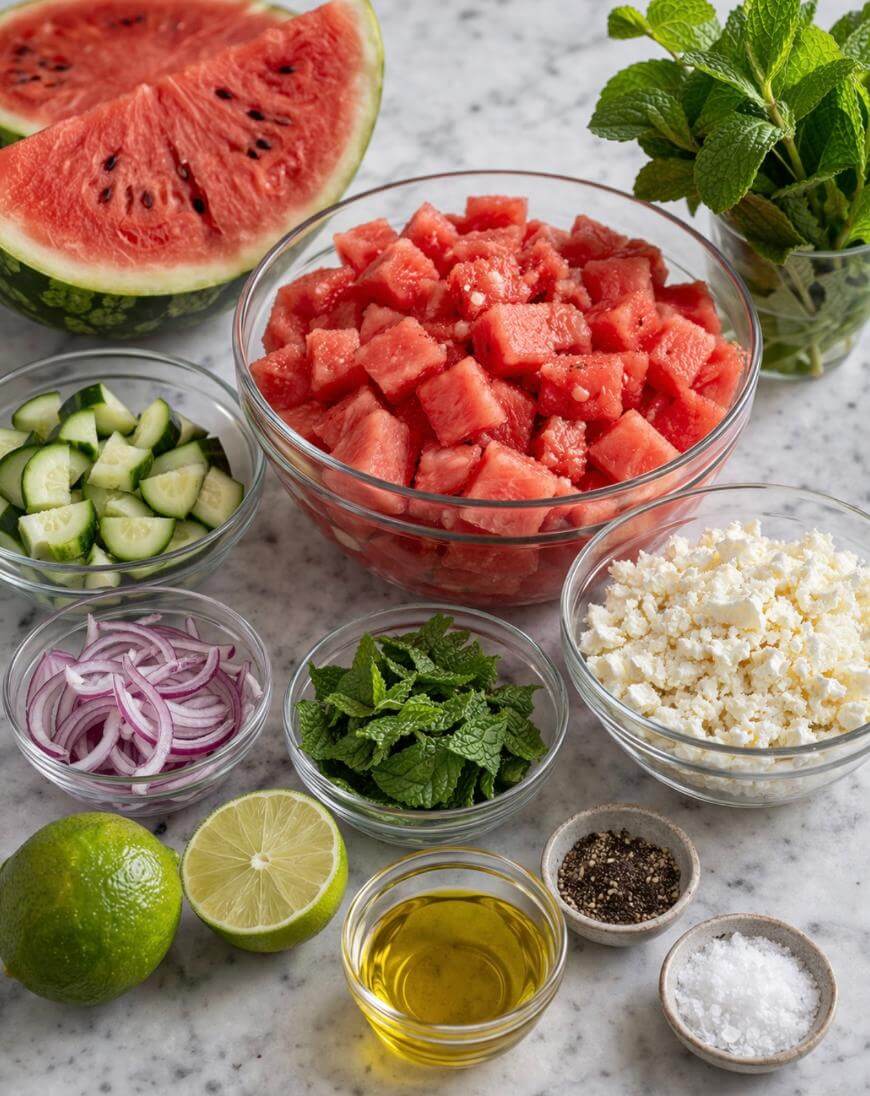 A marble countertop with bowls of cubed watermelon, sliced cucumber, red onion, crumbled feta, fresh mint, a halved lime, olive oil, salt, pepper, and a sprig of mint. A large watermelon wedge is in the background.
