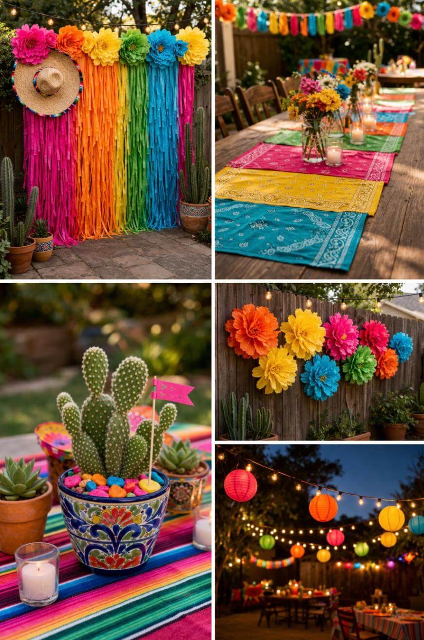 A vibrant outdoor party setup with colorful paper flowers, rainbow streamers, cacti in painted pots, floral table centerpieces, and hanging paper lanterns and lights, creating a festive and cheerful atmosphere.