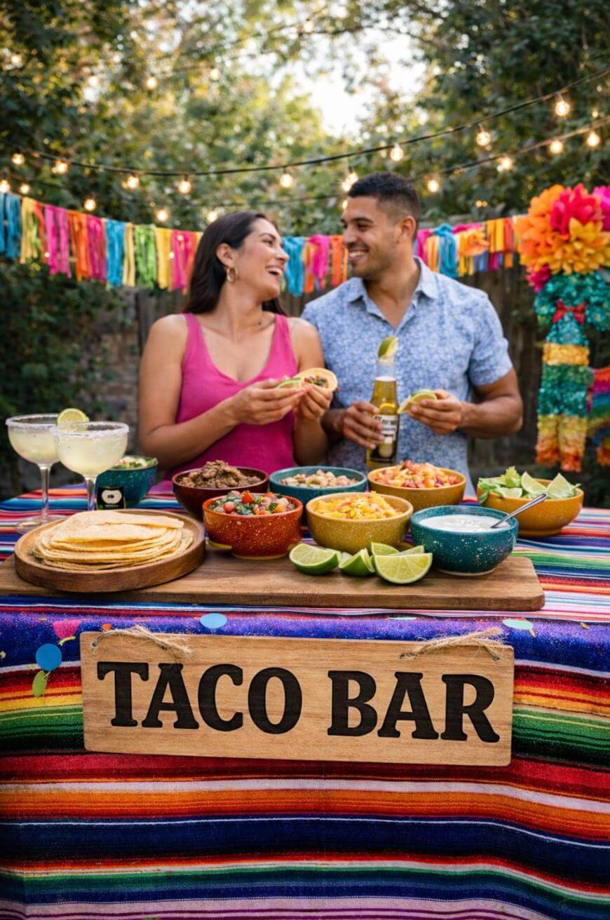 A smiling couple stands behind a vibrant taco bar outdoors, holding drinks and tacos. Colorful bowls of taco ingredients and a sign reading TACO BAR are displayed on a striped tablecloth, with festive decorations and string lights in the background.