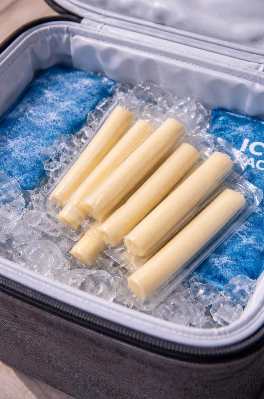 Six individually wrapped sticks of string cheese are placed on ice packs and ice cubes inside a cooler bag.