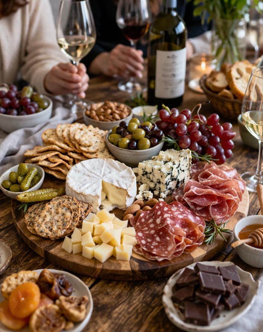 A wooden board with assorted cheeses, cured meats, crackers, grapes, olives, and nuts, surrounded by wine glasses, a wine bottle, and small bowls of pickles, chocolate, and dried fruits on a rustic table.