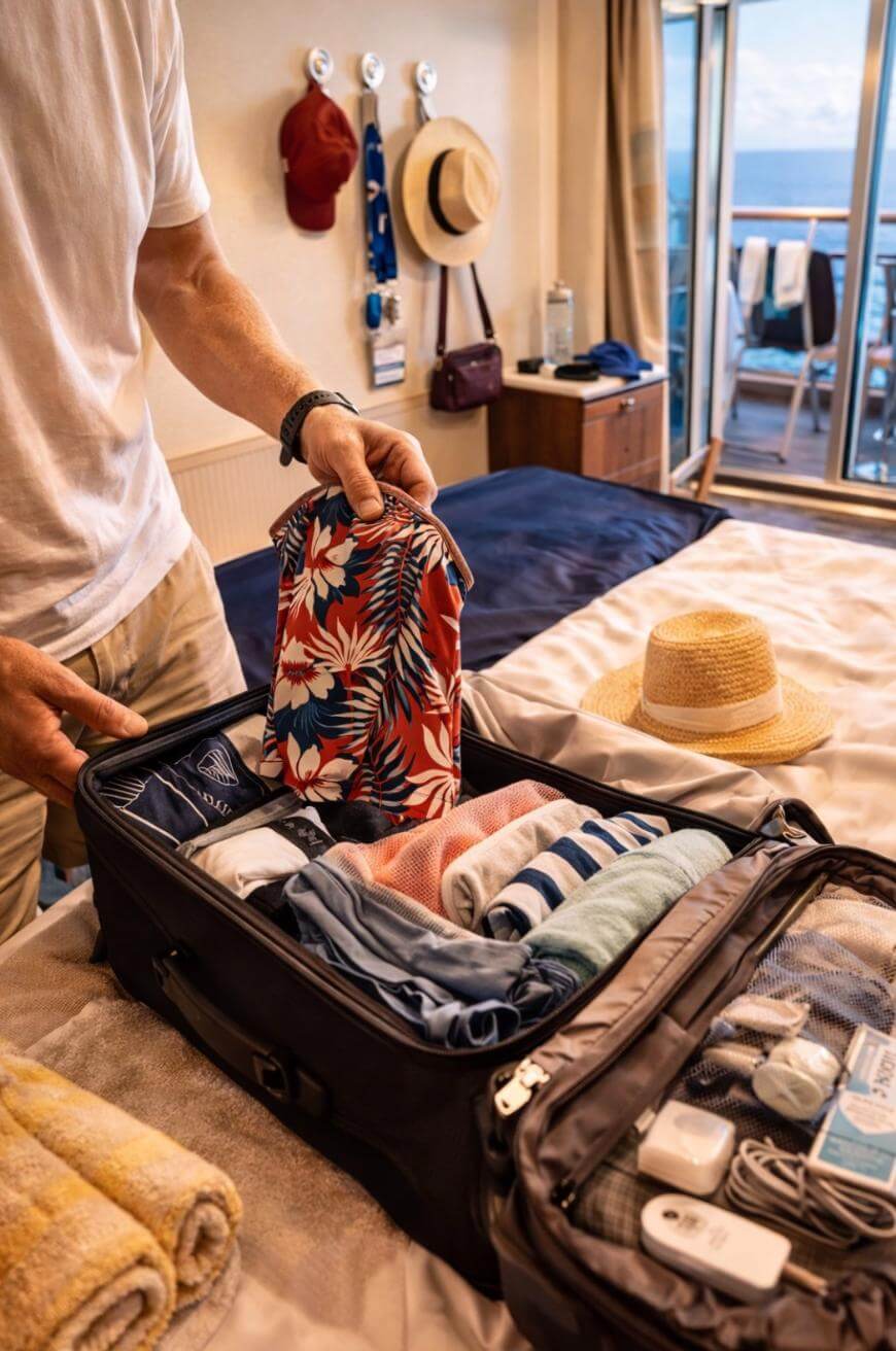 A person packs a suitcase with colorful clothes and travel essentials on a bed in a sunlit room, with hats, bags, and a balcony visible in the background.