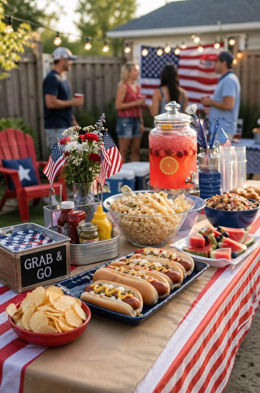 A festive outdoor table displays hot dogs, chips, watermelon, popcorn, and drinks with American flags and red, white, and blue decorations. People chat in the background near a large flag.