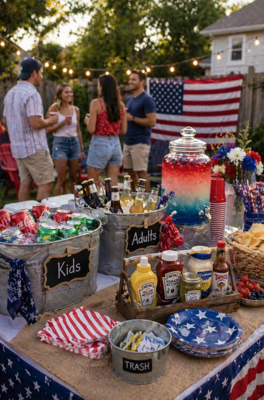 A festive outdoor party with an American flag, string lights, and a table of snacks and drinks for kids and adults. Four people talk in the background. The table has patriotic decor and a large red, white, and blue drink dispenser.