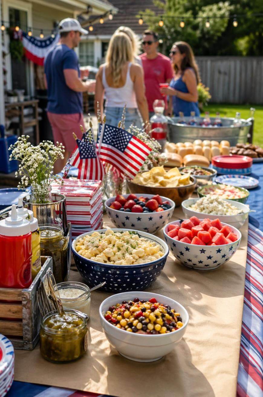 A festive outdoor table is filled with bowls of summer foods like watermelon, pasta salad, and corn salad. American flags and condiments are displayed, with people talking in the backyard in the background.