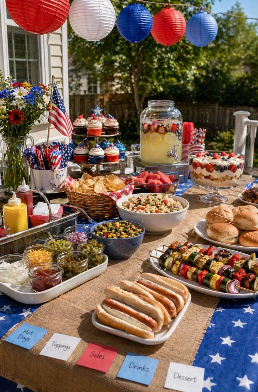 A festive outdoor table decorated in red, white, and blue holds hot dogs, skewers, salads, chips, cupcakes, watermelon, drinks, and flowers, set for a patriotic summer party under lanterns.