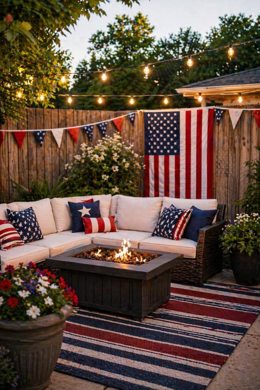 A cozy outdoor patio with a white sectional sofa, American flag-themed pillows, a fire pit, string lights, and patriotic decorations including a large American flag on a wooden fence and red, white, and blue bunting.