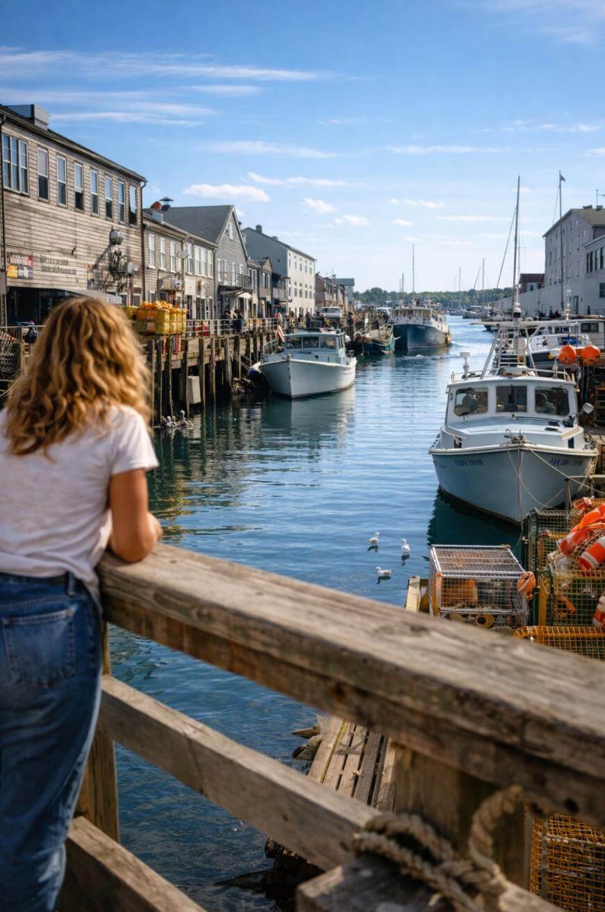 A woman with wavy blonde hair leans on a wooden railing, overlooking a harbor with docked boats and waterfront buildings under a blue sky. Seagulls float on the water, and orange lobster traps sit nearby.