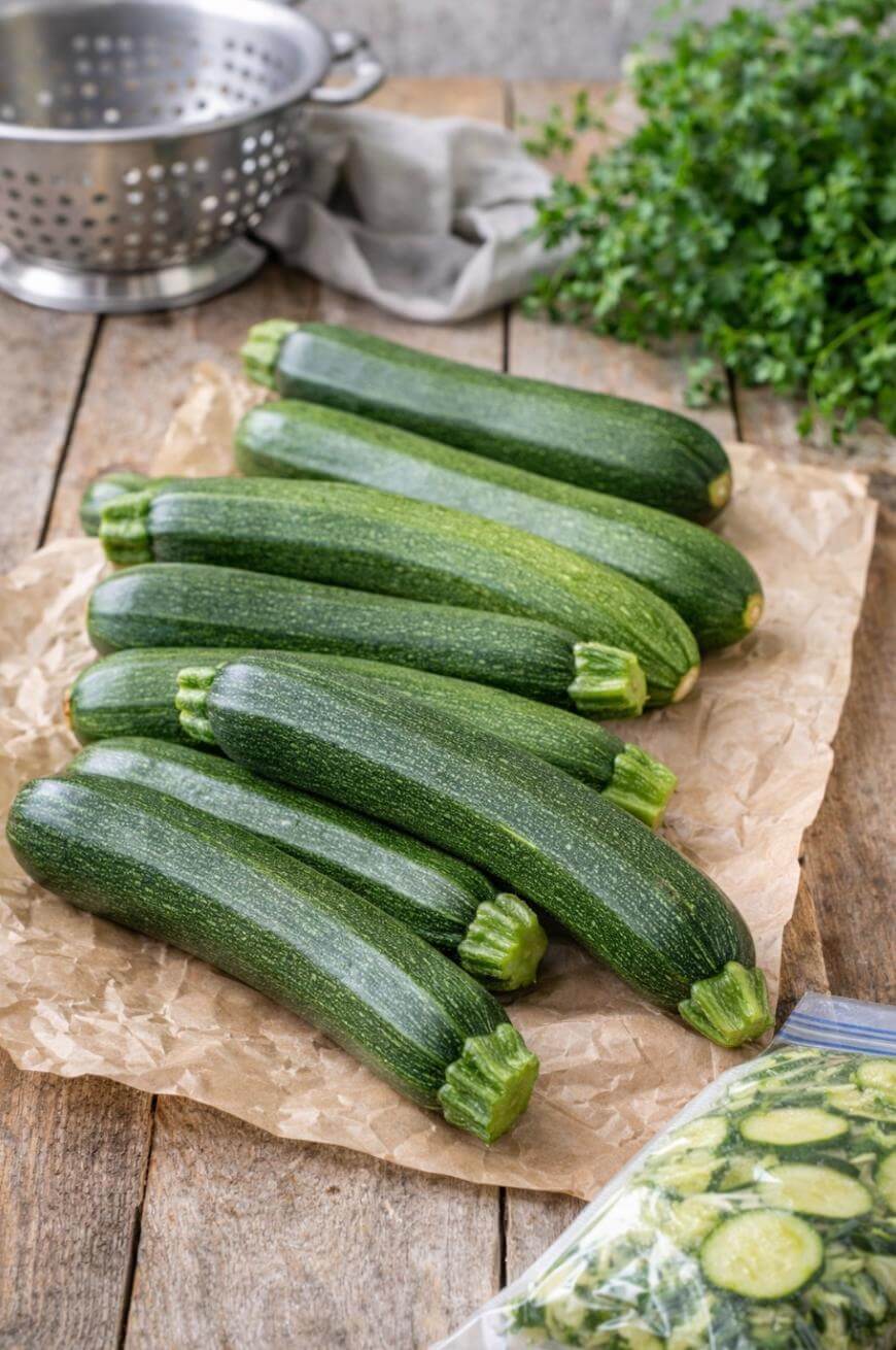 Several fresh zucchinis are arranged on brown parchment paper on a wooden table, with a bunch of herbs, a metal colander, and a bag of sliced zucchini visible in the background.