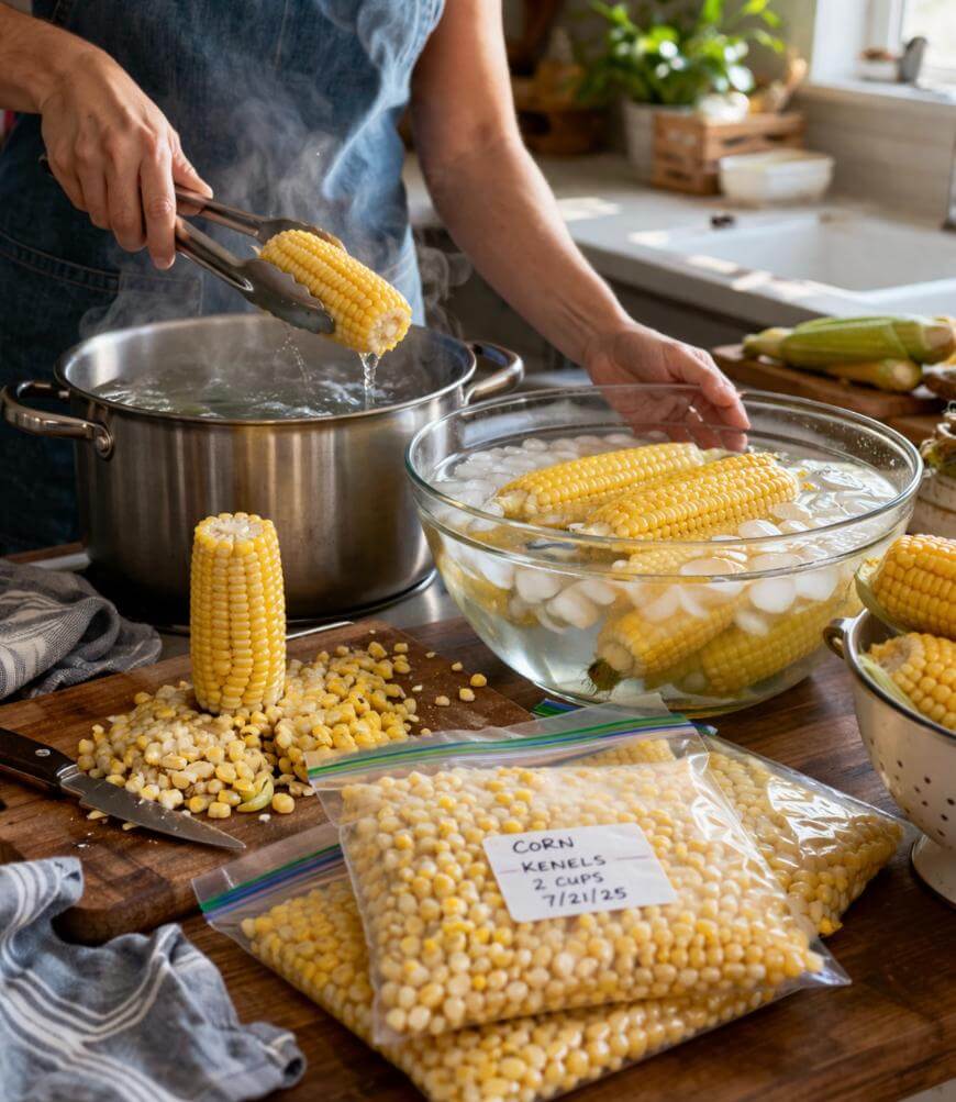 A person uses tongs to remove an ear of corn from a pot of boiling water, placing it in a bowl of ice water. Cut corn kernels and labeled freezer bags of corn are on the wooden countertop.