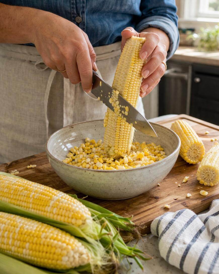 A person cuts fresh corn kernels off the cob into a bowl on a wooden cutting board, with whole ears of corn and a striped towel nearby.