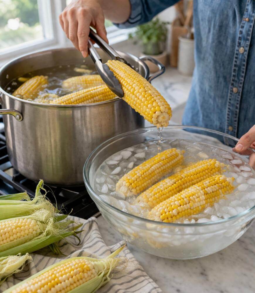 A person uses tongs to transfer a boiled ear of corn from a pot of hot water into a bowl of ice water, with more corn and husks on a striped towel nearby.