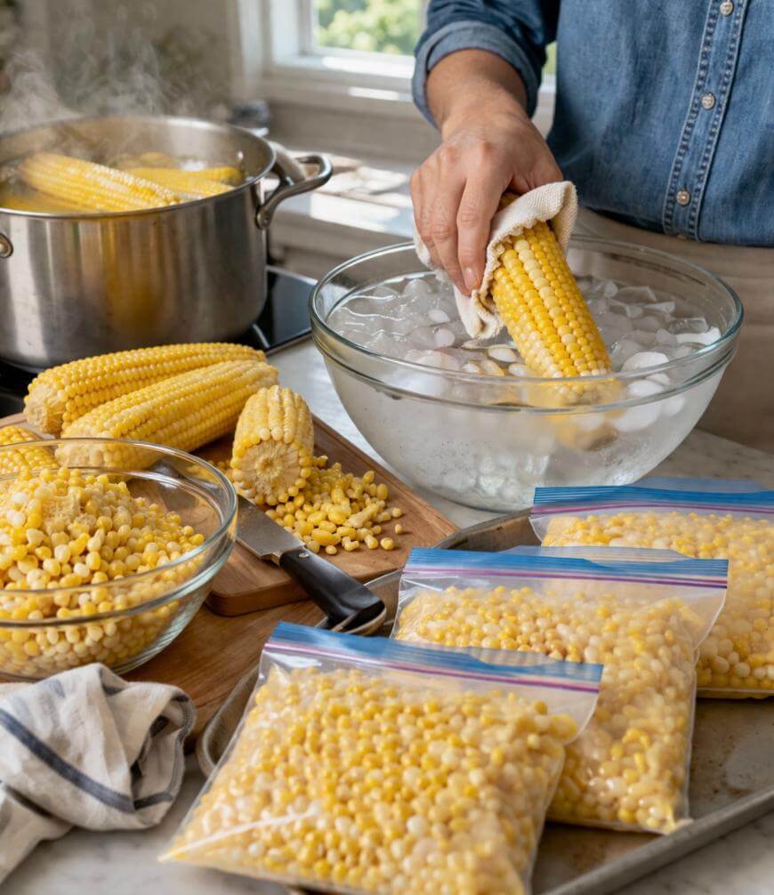 A person cools a cooked ear of corn in a bowl of ice water. Cooked corn, a large pot, a knife, a towel, and several zip-top bags filled with corn kernels are on the kitchen counter nearby.