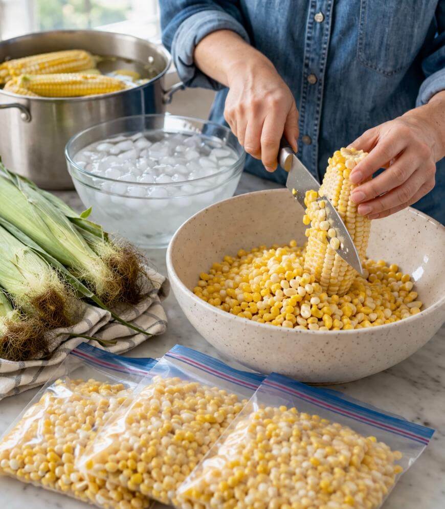 A person cuts corn kernels off a cob into a bowl, with corn husks, a pot, a bowl of ice water, and bags of frozen corn on a kitchen counter.
