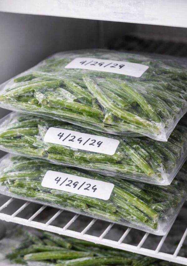 Three sealed plastic bags filled with frozen green beans are stacked on a white wire freezer shelf. Each bag is labeled with the date “4/29/24” written on a white sticker.