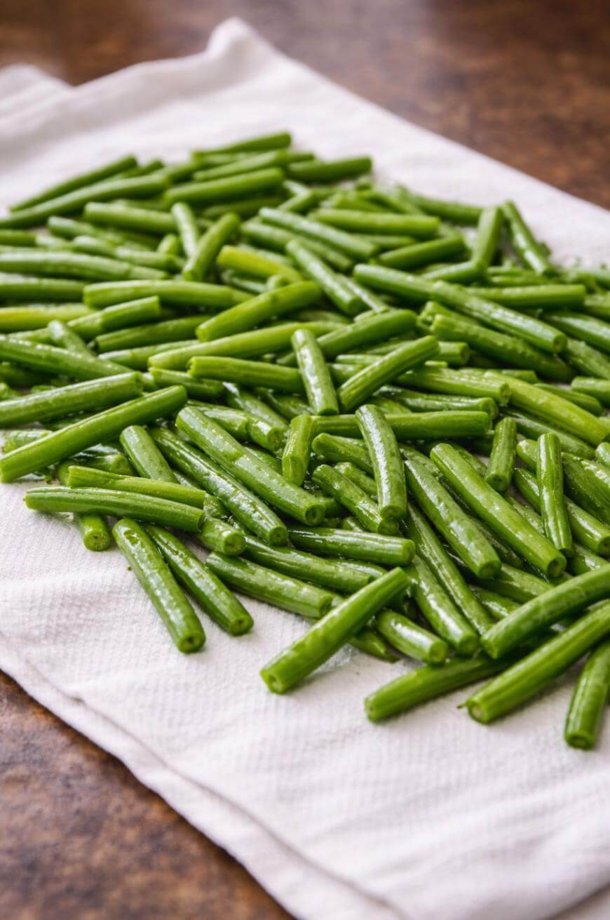 Blanched green beans cut into segments are spread out on a white paper towel to dry, with a brown surface visible underneath.