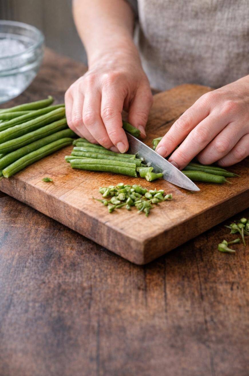 A person slicing the ends off fresh green beans on a wooden cutting board, with a knife in hand and a glass bowl in the background.