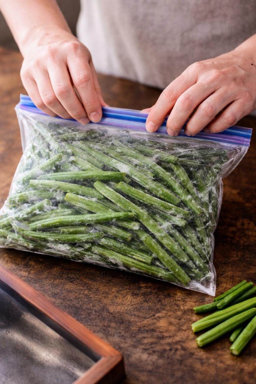 A person seals a ziplock bag filled with frozen, chopped okra on a wooden surface. Some okra pieces are placed beside the bag.