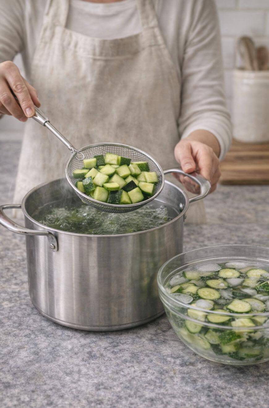 A person in a light apron uses a strainer to transfer chopped zucchini from a pot of boiling water to a glass bowl filled with ice water on a kitchen counter.