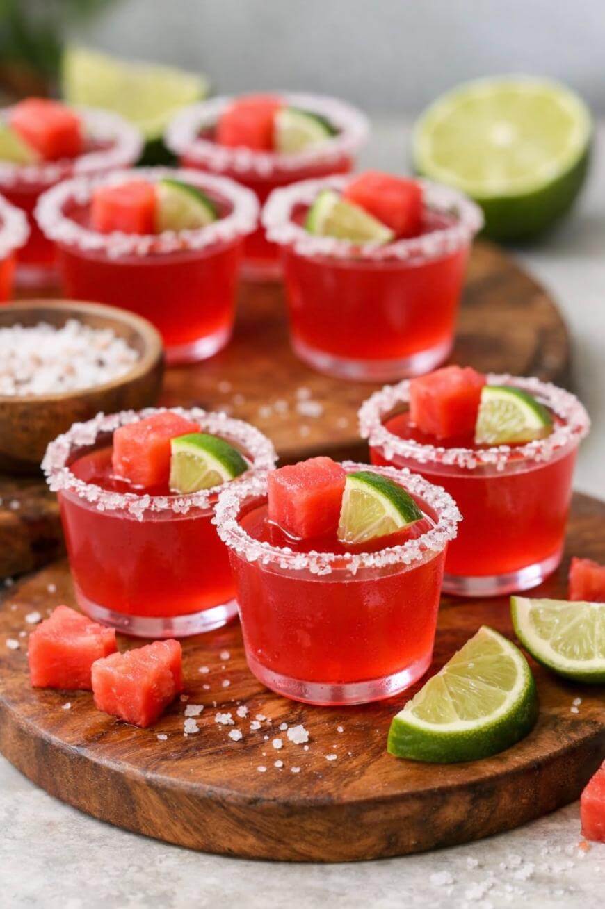 Several small glasses with red watermelon cocktails, each garnished with a salted rim, lime wedge, and watermelon cube, are arranged on a wooden tray with extra lime slices and watermelon pieces nearby.