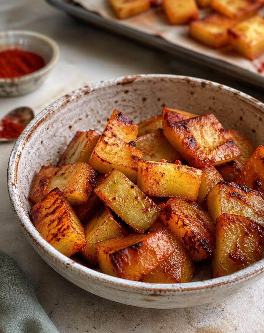A rustic bowl filled with golden, crispy roasted potato cubes, lightly charred and seasoned, sits on a light surface. In the background are a spoon of red spice and a tray of more roasted potatoes.