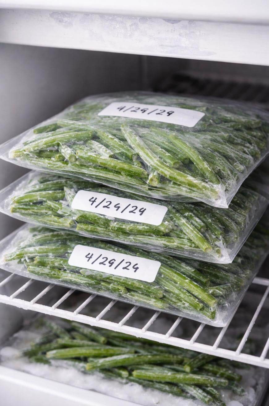 Three labeled freezer bags filled with frozen green beans are stacked on a freezer shelf, with another bag of green beans on the lower shelf. The labels on the bags read “4/29/24.”.