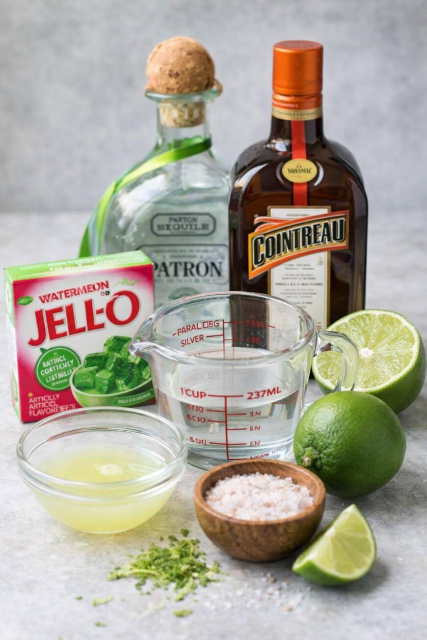 A bottle of Patrón tequila, a bottle of Cointreau, a box of watermelon Jell-O, a measuring cup with liquid, a bowl of lime juice, two limes (one halved), a bowl of salt, and lime zest on a gray surface.