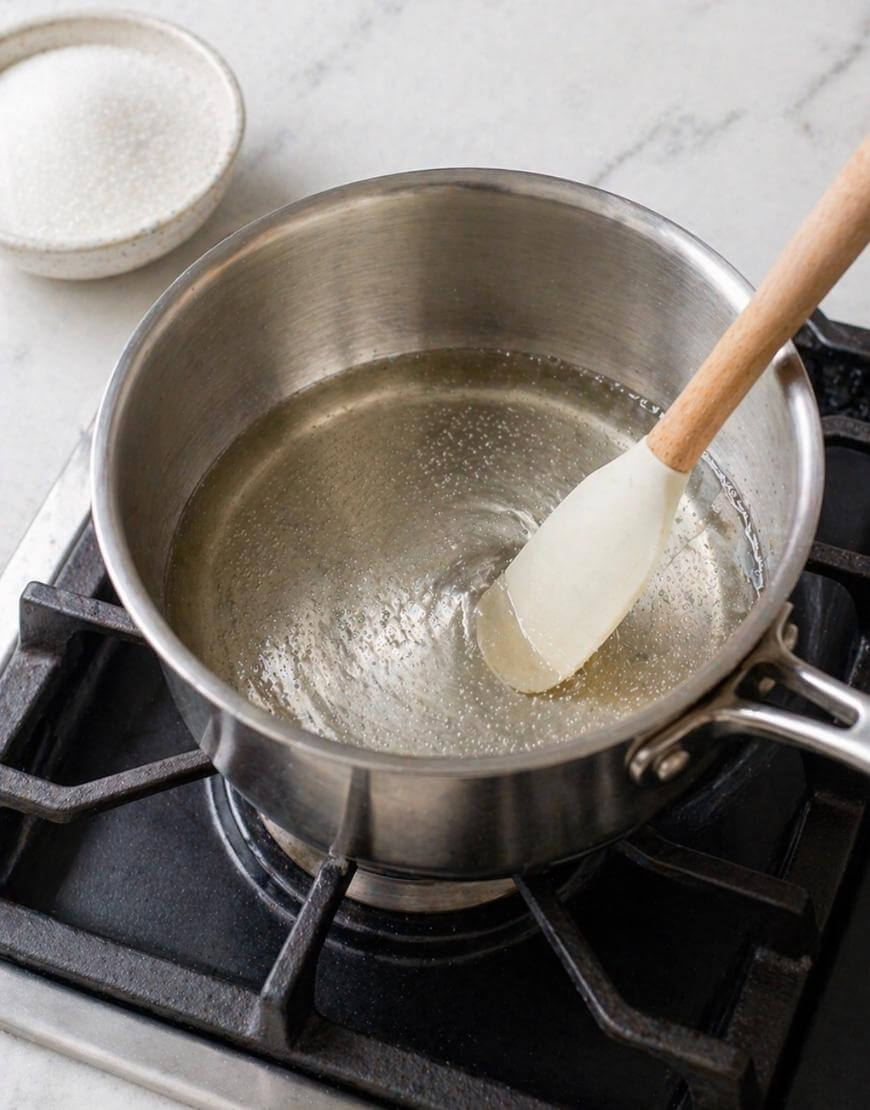 A saucepan with clear liquid being stirred by a white spatula is heating on a stovetop. In the background, there is a small bowl of granulated sugar on a white countertop.
