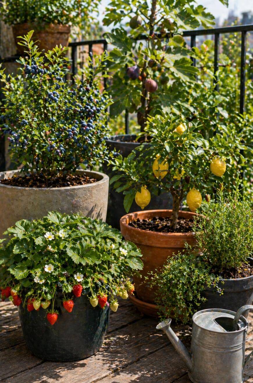 Potted fruit plants on a patio, including a lemon tree with yellow lemons, a blueberry bush, a strawberry plant with ripe berries, and a watering can nearby. Greenery and a railing are visible in the background.