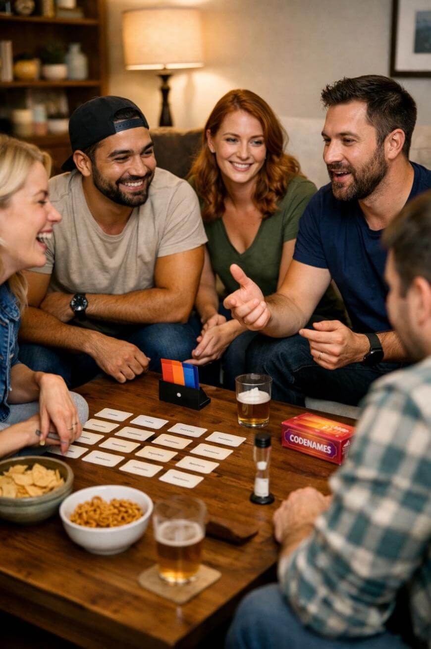 Four adults sit around a coffee table playing the board game Codenames, laughing and talking. Snacks and drinks are on the table along with game cards and a timer. The setting appears casual and relaxed.