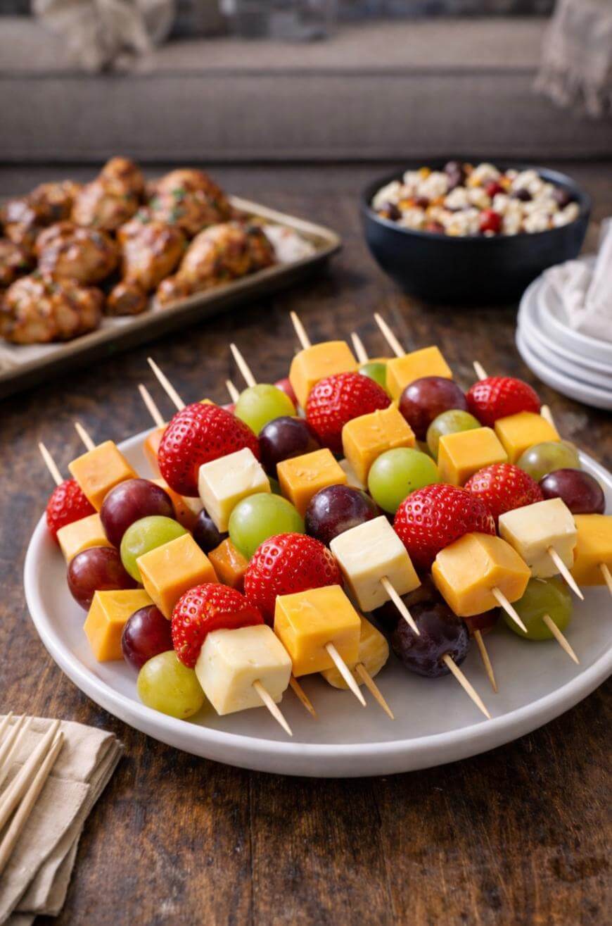 A white plate on a wooden table holds skewers with strawberries, grapes, cheddar, and mozzarella cheese cubes. In the background, there are wings on a tray, a bowl of salad, and a stack of plates.