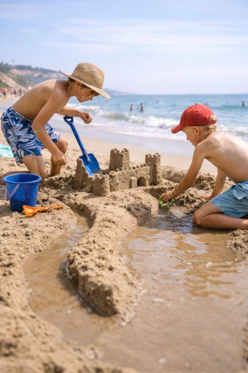 Two young boys in swim trunks and hats are building a large sandcastle with a moat on a sandy beach. One uses a blue shovel while the other shapes the sand. The ocean and other beachgoers are in the background.