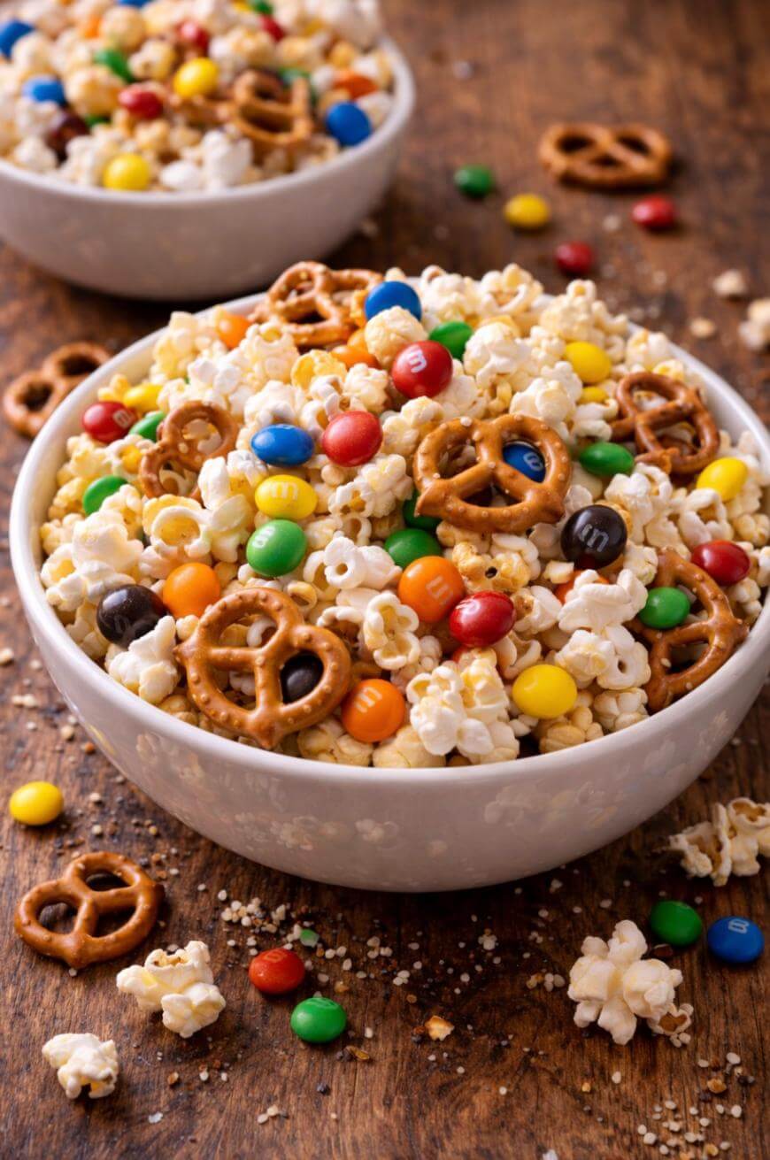 A white bowl filled with popcorn, mini pretzels, and colorful chocolate candies sits on a wooden surface, with another similar bowl in the background. Scattered snacks surround the bowls.